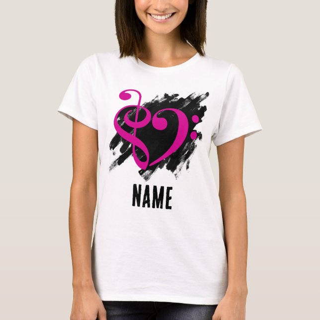 Treble and Bass Clef Heart Fuchsia Customizable T-Shirt (Front)