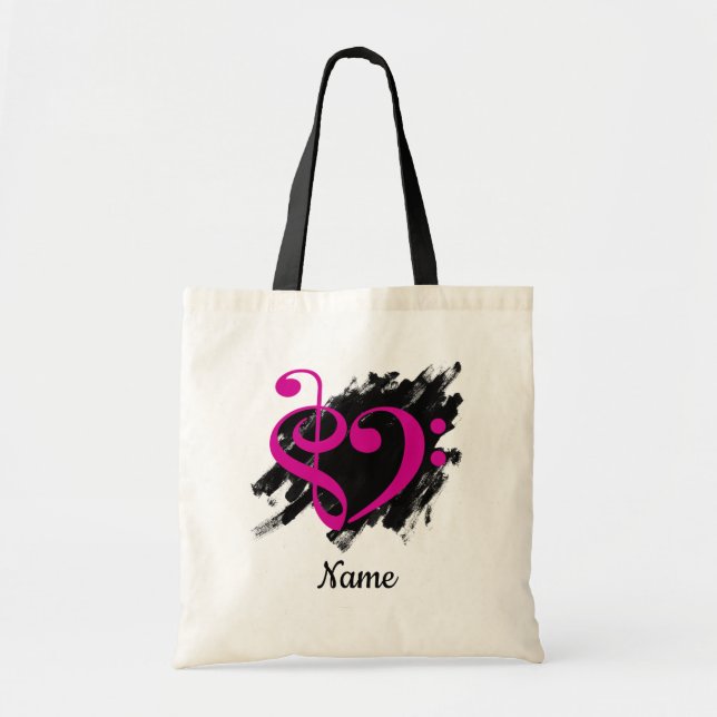 Treble and Bass Clef Heart Fuchsia Customizable Tote Bag (Front)
