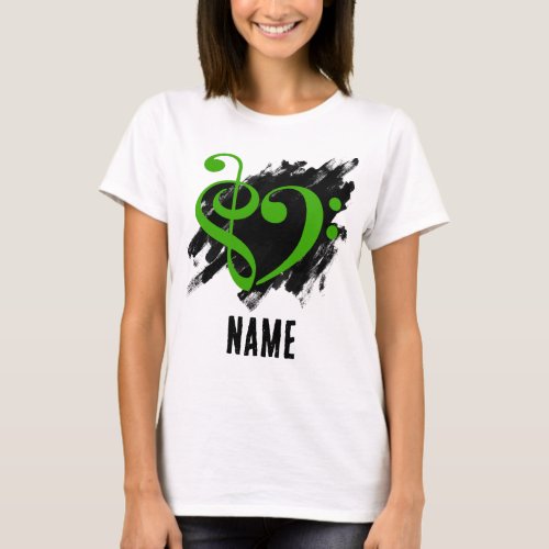 Treble and Bass Clef Heart Green on Grunge Bassist Customizable T-Shirt