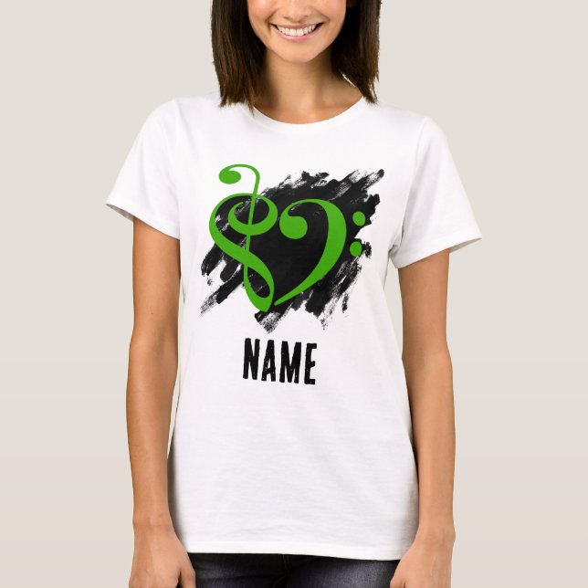 Treble and Bass Clef Heart Green Customizable T-Shirt (Front)