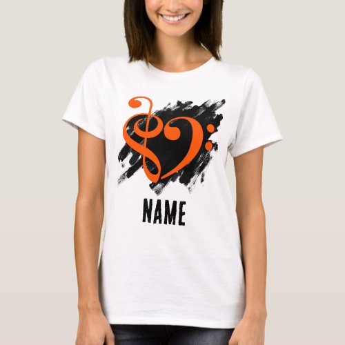 Treble and Bass Clef Heart Orange on Grunge Bassist Customizable T-Shirt