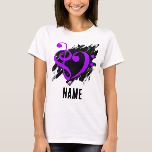 Treble and Bass Clef Heart Purple on Grunge Bassist Customizable T-Shirt