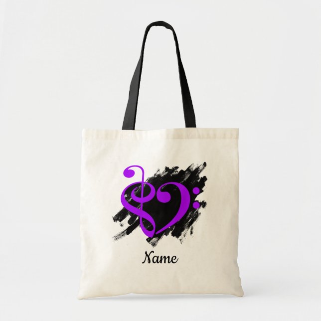 Treble and Bass Clef Heart Purple Customizable Tote Bag (Front)