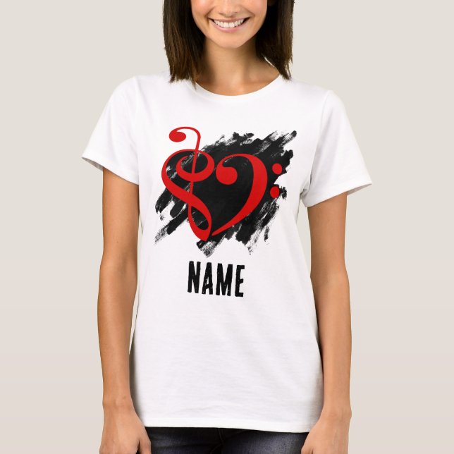 Treble and Bass Clef Heart Red Customizable T-Shirt (Front)