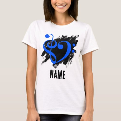 Treble and Bass Clef Heart Royal Blue on Grunge Bassist Customizable T-Shirt