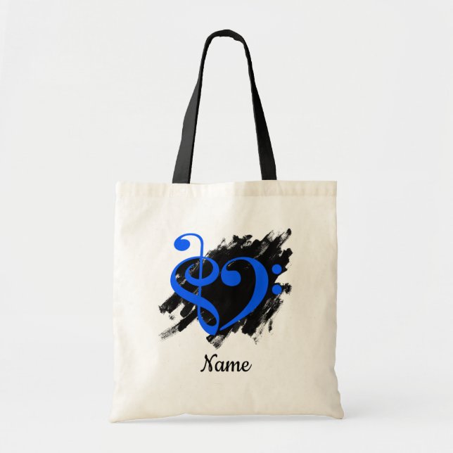 Treble and Bass Clef Heart Royal Blue Customizable Tote Bag (Front)