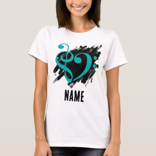 Treble and Bass Clef Heart Turquoise on Grunge Bassist Customizable T-Shirt
