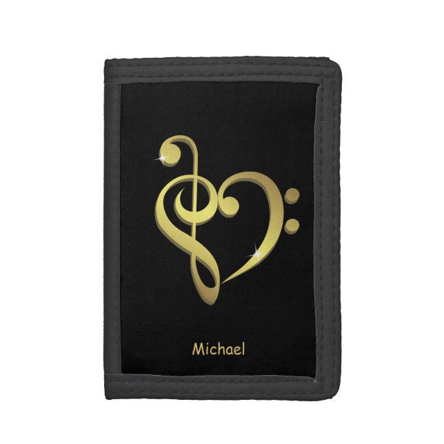 Treble and bass clef music heart love name black trifold wallet (Front Vertical)