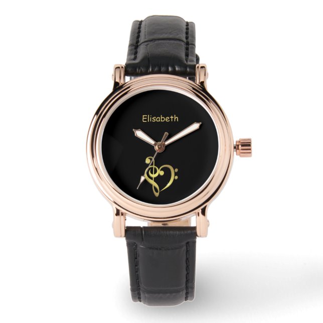 Treble and bass clef music heart love name black watch (Front)