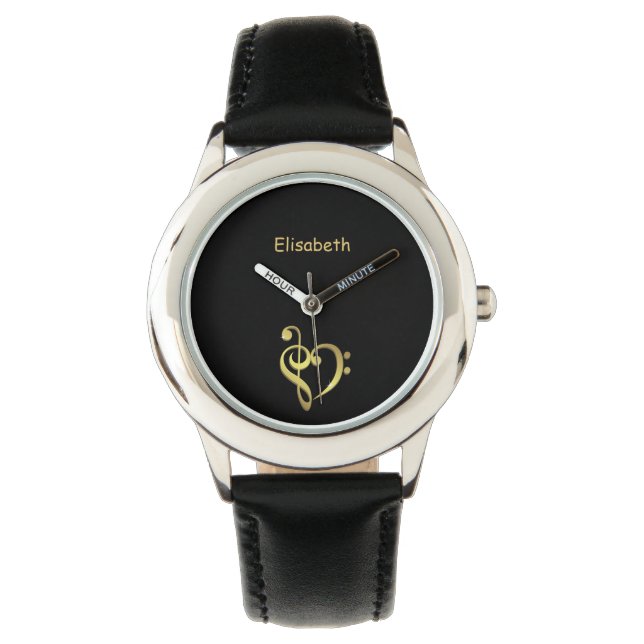 Treble and bass clef music heart love name black watch (Front)