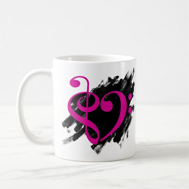 Treble and Bass Clef Musical Heart Fuchsia Coffee Mug (Left)