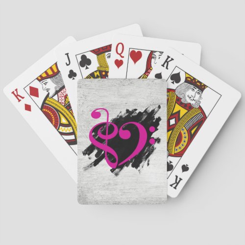 Treble and Bass Clef Musical Heart Fuchsia on Grunge Bassist Poker Cards