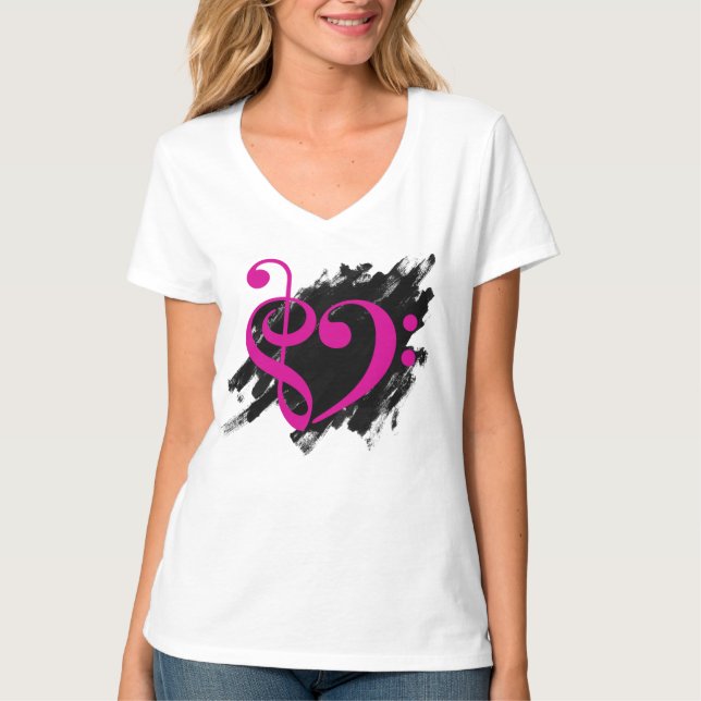 Treble and Bass Clef Musical Heart Fuchsia T-Shirt (Front)