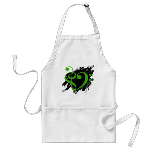 Treble and Bass Clef Musical Heart Green on Grunge Bassist Adult Apron