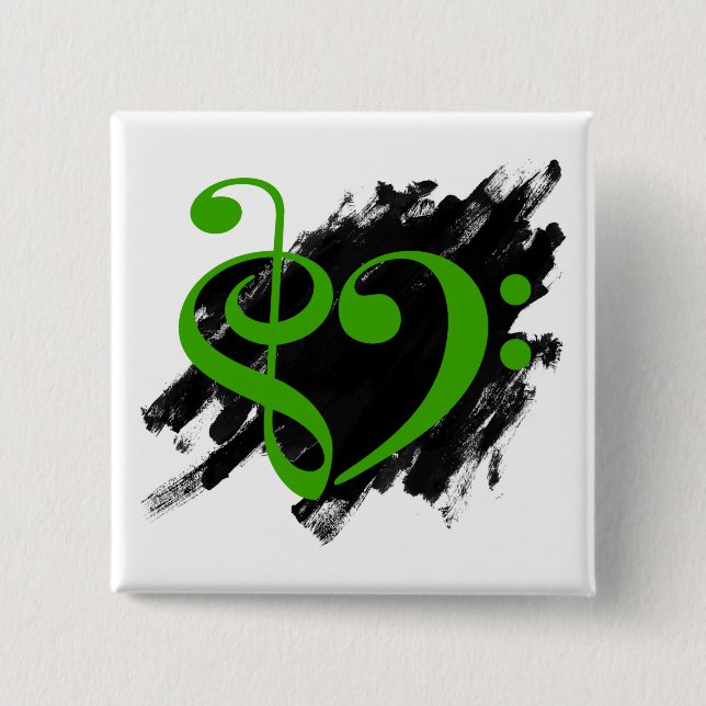 Treble and Bass Clef Musical Heart Green Button (Front)