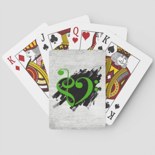 Treble and Bass Clef Musical Heart Green on Grunge Bassist Poker Cards