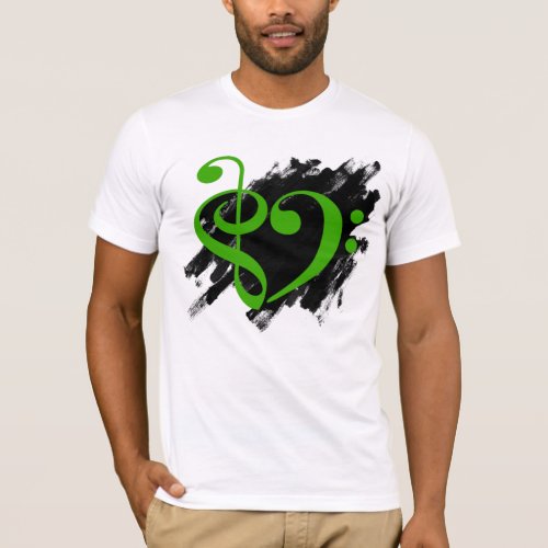 Treble and Bass Clef Musical Heart Green on Grunge Bassist T-Shirt
