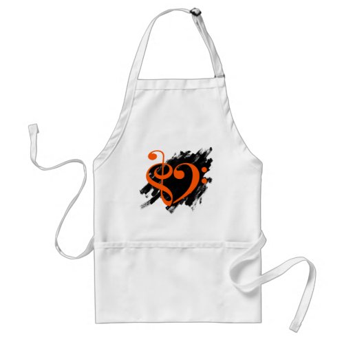 Treble and Bass Clef Musical Heart Orange on Grunge Bassist Adult Apron