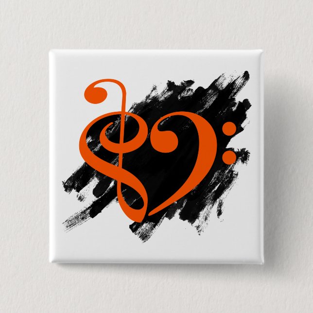 Treble and Bass Clef Musical Heart Orange Button (Front)