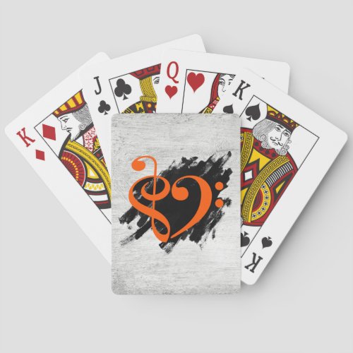 Treble and Bass Clef Musical Heart Orange on Grunge Bassist Poker Cards