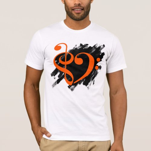 Treble and Bass Clef Musical Heart Orange on Grunge Bassist T-Shirt