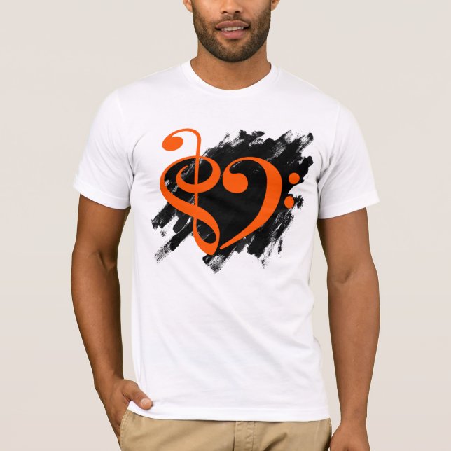 Treble and Bass Clef Musical Heart Orange T-Shirt (Front)