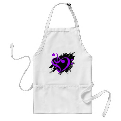 Treble and Bass Clef Musical Heart Purple on Grunge Bassist Adult Apron