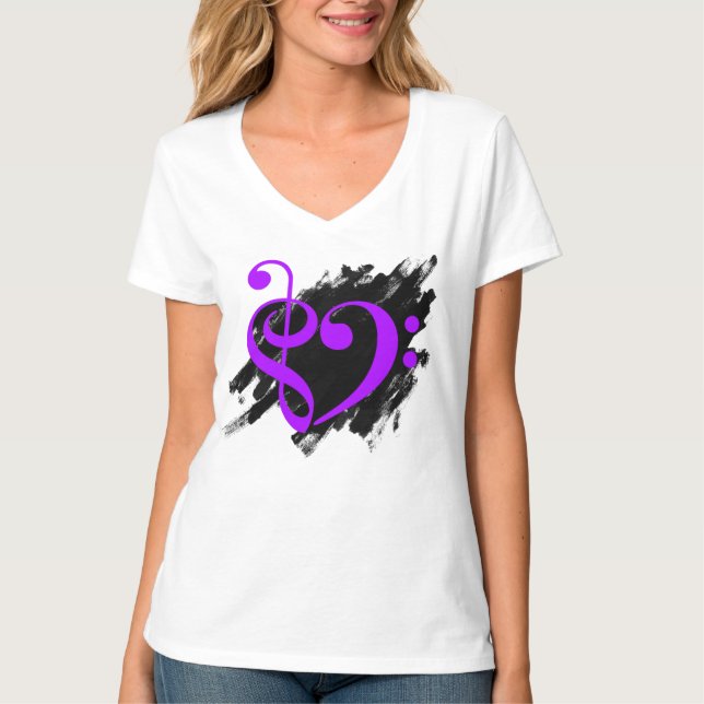 Treble and Bass Clef Musical Heart Purple T-Shirt (Front)