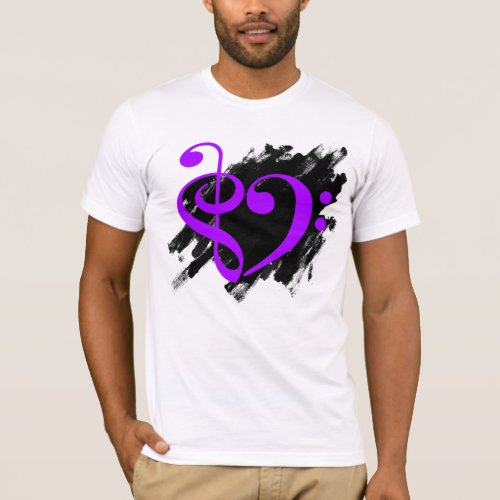 Treble and Bass Clef Musical Heart Purple on Grunge Bassist T-Shirt