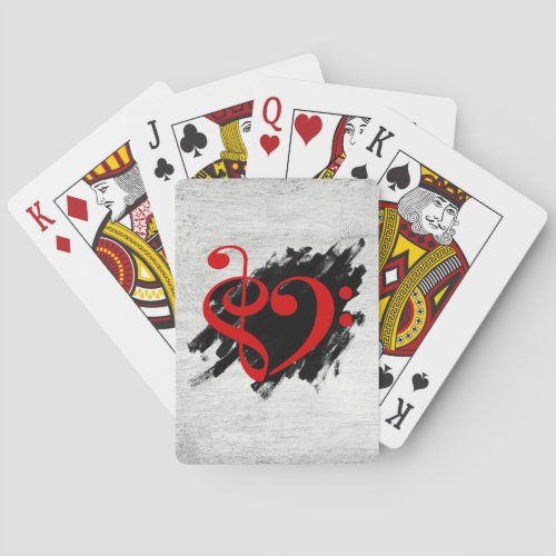 Treble and Bass Clef Musical Heart Red on Grunge Bassist Poker Cards