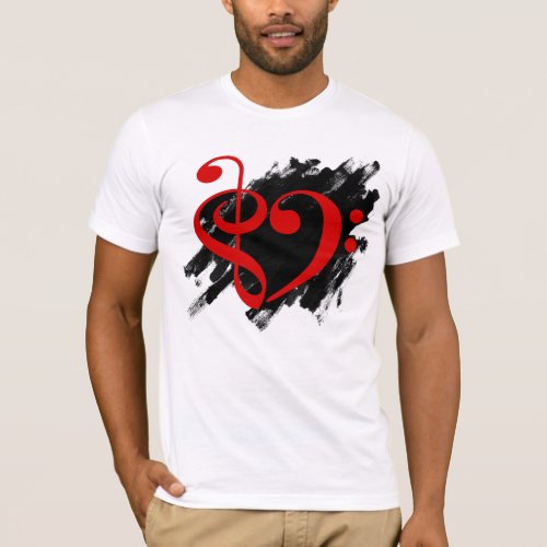 Treble and Bass Clef Musical Heart Red on Grunge Bassist T-Shirt