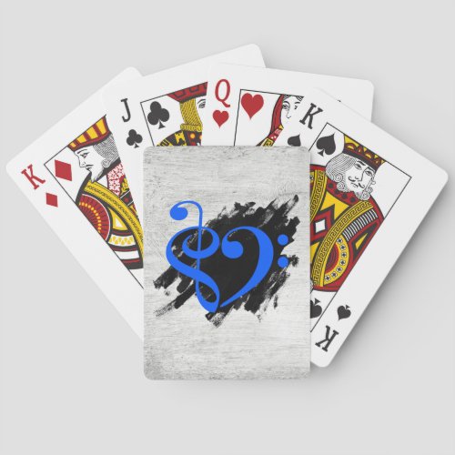 Treble and Bass Clef Musical Heart Royal Blue on Grunge Bassist Poker Cards