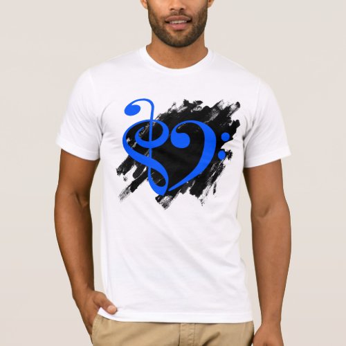 Treble and Bass Clef Musical Heart Royal Blue on Grunge Bassist T-Shirt