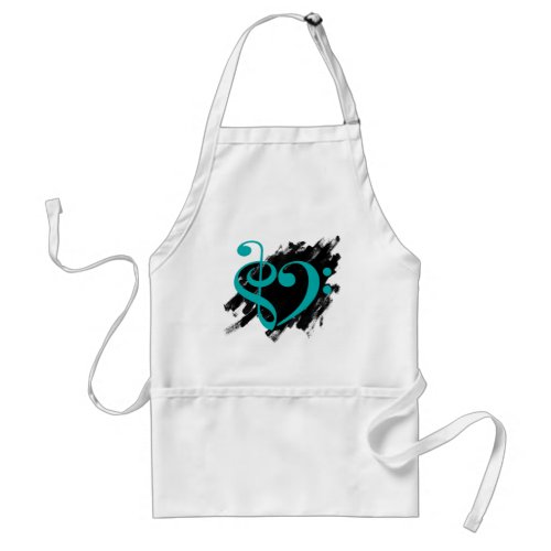Treble and Bass Clef Musical Heart Turquoise on Grunge Bassist Adult Apron