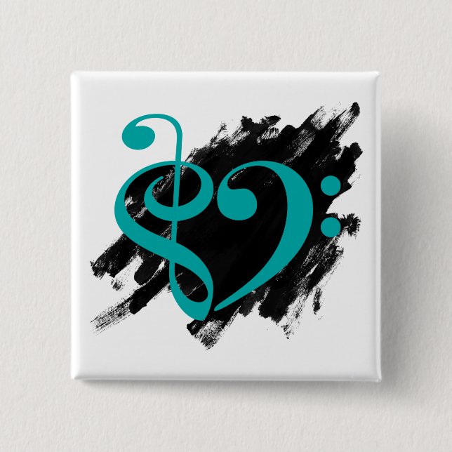 Treble and Bass Clef Musical Heart Turquoise Button (Front)
