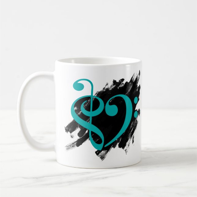 Treble and Bass Clef Musical Heart Turquoise Coffee Mug (Left)