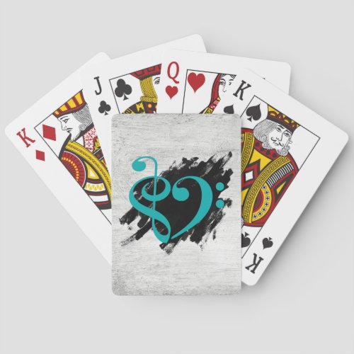 Treble and Bass Clef Musical Heart Turquoise on Grunge Bassist Poker Cards
