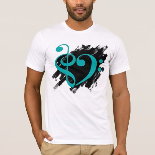 Treble and Bass Clef Musical Heart Turquoise on Grunge Bassist T-Shirt