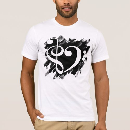 Treble and Bass Clef Musical Heart on Grunge Bassist T-Shirt