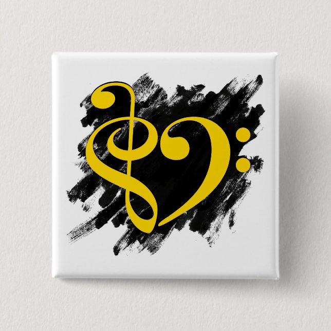 Treble and Bass Clef Musical Heart Yellow Button (Front)