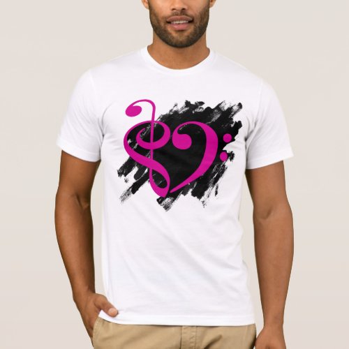 Treble and Bass Clef Musical Heart Fuchsia on Grunge Bassist T-Shirt