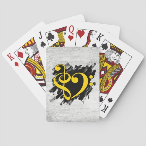 Treble and Bass Clef Musical Heart Yellow on Grunge Bassist Poker Cards