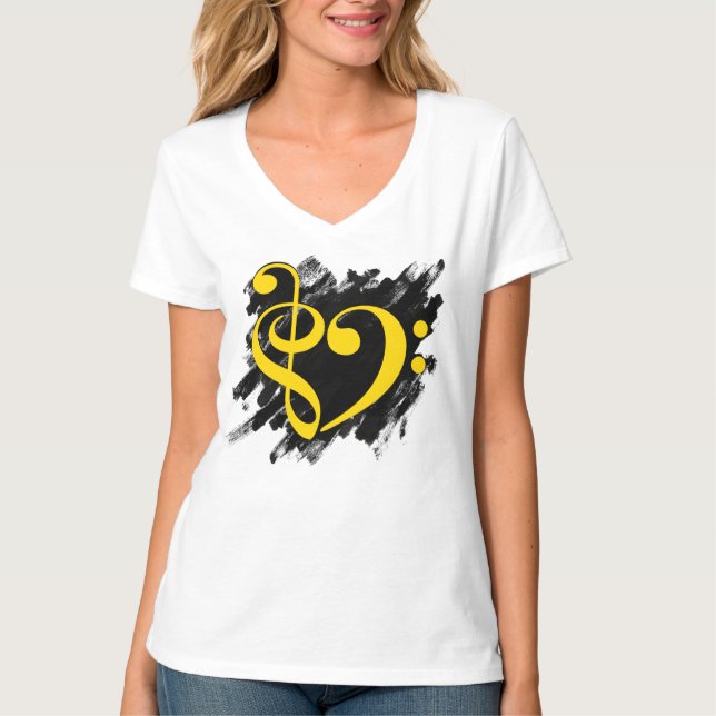 Treble and Bass Clef Musical Heart Yellow T-Shirt (Front)