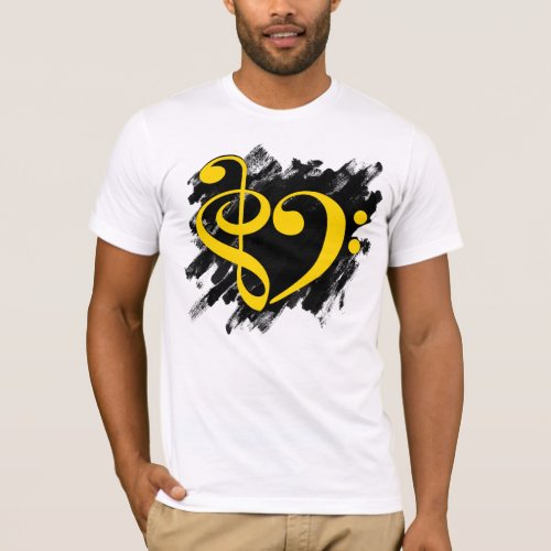 Treble and Bass Clef Musical Heart Yellow on Grunge Bassist T-Shirt