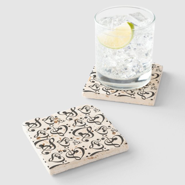 Treble Bass Clef Hearts Music Notes Pattern Stone Coaster (Side)