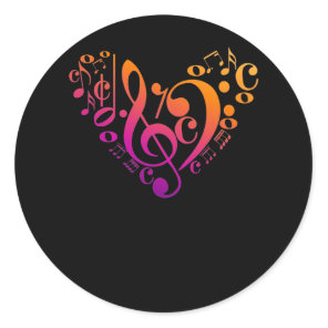 Treble Bass Clef Musical Notes Colorful Heart Classic Round Sticker