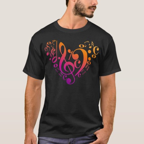 Treble Bass Clef Musical Notes Colorful Heart T_Shirt