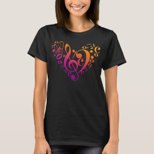 Treble Bass Clef Musical Notes Colorful Heart T-Shirt