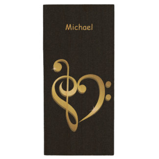 Treble clef and bass clef music heart love wood flash drive
