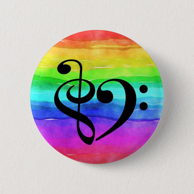 Treble Clef Bass Clef Heart Rainbow Watercolor Button (Front)